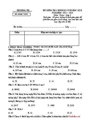 Đề kiểm tra định kì cuối học kì II môn Toán Lớp 3 (Kết nối tri thức và cuộc sống) - Năm học 2022-2023 (Có đáp án)