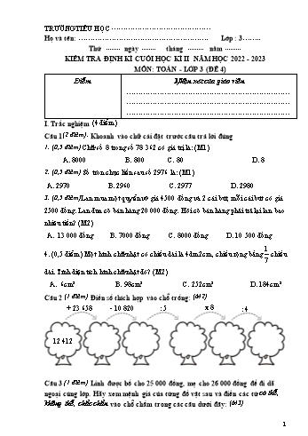 Đề kiểm tra định kì cuối học kì II môn Toán Lớp 3 (Kết nối tri thức và cuộc sống) - Năm học 2022-2023 - Đề 4