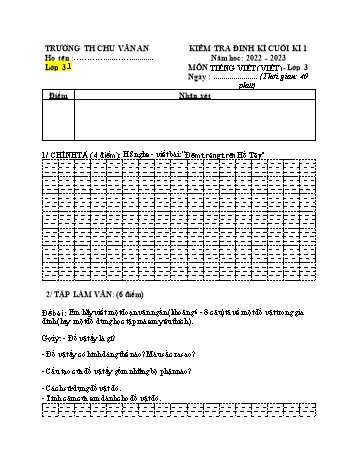 Đề kiểm tra định kì cuối kì 1 môn Tiếng Việt Lớp 3 (Viết) - Năm học 2022-2023 - Trường Tiểu học Chu Văn An - Đề 1 (Có đáp án)