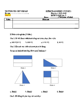 Đề kiểm tra định kì cuối kì 1 môn Toán Lớp 3 (Chân trời sáng tạo) - Năm học 2022-2023 - Trường Tiểu học Chu Văn An - Đề 2 (Có đáp án)