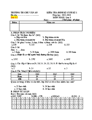 Đề kiểm tra định kì cuối kì 1 môn Toán Lớp 3 (Chân trời sáng tạo) - Năm học 2022-2023 - Trường Tiểu học Chu Văn An - Đề 1 (Có đáp án)