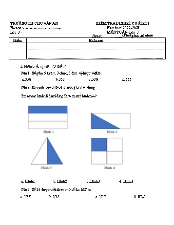 Đề kiểm tra định kì cuối kì I môn Toán Lớp 3 - Năm học 2022-2023 - Trường Tiểu học Chu Văn An (Có đáp án)