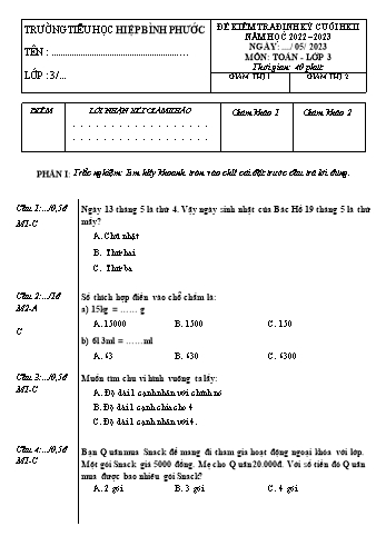 Đề kiểm tra định kỳ cuối học kì II môn Toán Lớp 3 - Năm học 2022-2023 - Trường Tiểu học Hiệp Bình Phước (Có đáp án)