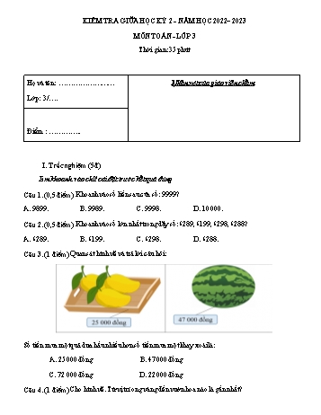 Đề kiểm tra giữa học kỳ 2 môn Toán Lớp 3 (Cánh diều) - Năm học 2022-2023 (Có đáp án)