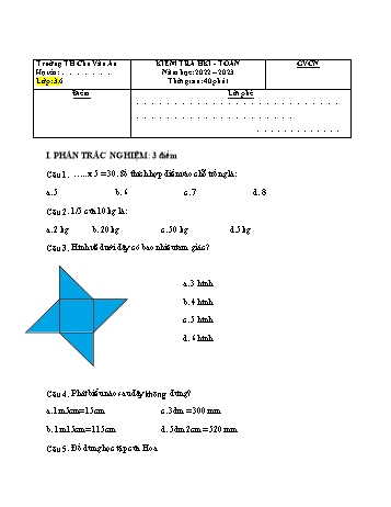 Đề kiểm tra học kì I môn Toán Lớp 3 (Chân trời sáng tạo) - Năm học 2022-2023 - Trường Tiểu học Chu Văn An - Đề 3 (Có đáp án)