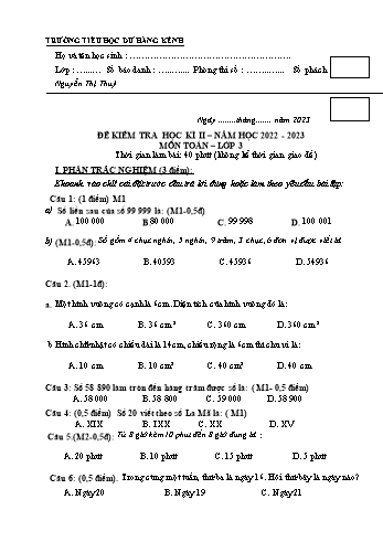 Đề kiểm tra học kì II môn Toán Lớp 3 - Năm học 2022-2023 - Nguyễn Thị Thúy (Có đáp án)