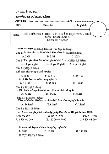 Đề kiểm tra học kỳ II môn Toán Lớp 3 - Năm học 2022-2023 - Nguyễn Thị Bích (Có đáp án)