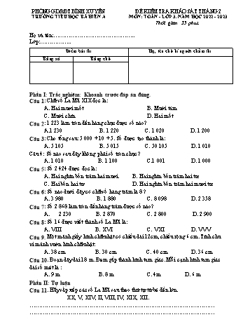 Đề kiểm tra khảo sát tháng 2 môn Toán Lớp 3 - Năm học 2022-2023 - Trường Tiểu học Bá Hiến A (Có đáp án)