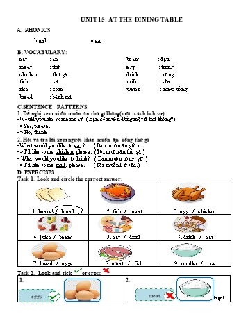 Đề ôn tập môn Tiếng Anh Lớp 3 - Unit 15: At the dining table