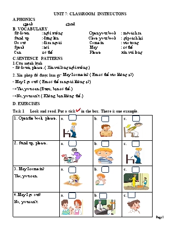 Đề ôn tập môn Tiếng Anh Lớp 3 - Unit 7: Classroom instructons