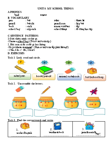 Đề ôn tập môn Tiếng Anh Lớp 3 - Unit 8: My school things