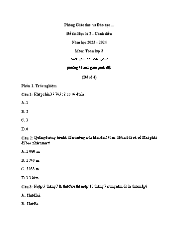 Đề thi học kì 2 môn Toán Lớp 3 (Cánh diều) - Năm học 2023-2024 - Đề 4
