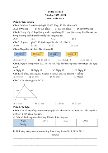 Đề thi học kì 2 môn Toán Lớp 3 - Năm học 2023-2024