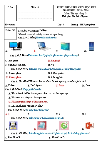 Phiếu kiểm tra cuối học kỳ I môn Tin học Lớp 3 - Năm học 2023-2024 (Có đáp án)