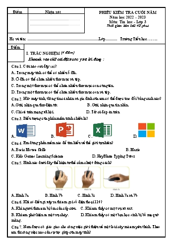 Phiếu kiểm tra cuối năm môn Tin học Lớp 3 (Kết nối tri thức và cuộc sống) - Năm học 2022-2023 (Có đáp án)