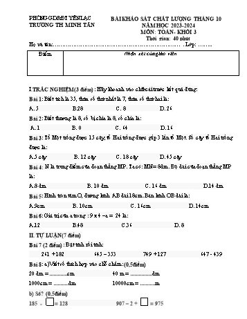 Bài khảo sát chất lượng tháng 10 môn Toán Khối 3 - Năm học 2023-2024 - Trường Tiểu học Minh Tân