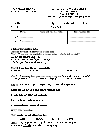 Bài khảo sát năng lực môn Tiếng Việt Khối 3 - Năm học 2022-2023 - Trường Tiểu học Lưu Quý An (Có đáp án)
