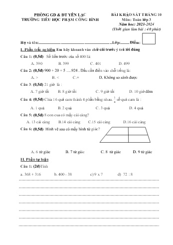 Bài khảo sát tháng 10 môn Toán, Tiếng Việt Lớp 3 - Năm học 2023-2024 - Trường Tiểu học Phạm Công Bình