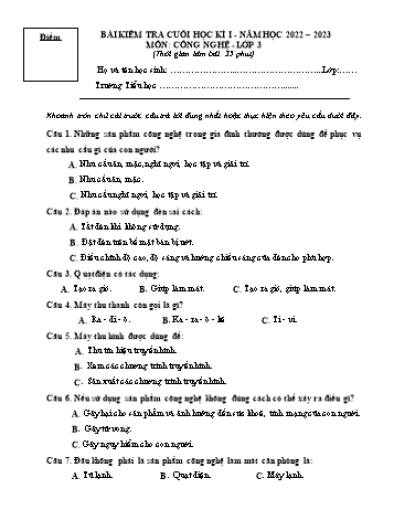 Bài kiểm tra cuối học kì I môn Công nghệ Lớp 3 - Năm học 2022-2023 - Trường Tiểu học Mỹ Lộc