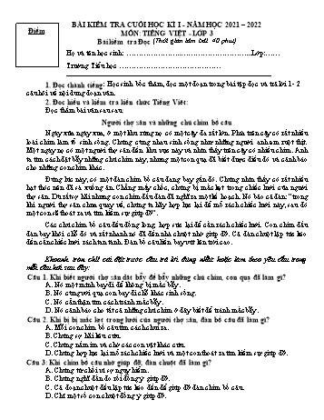 Bài kiểm tra cuối học kì I môn Tiếng Việt Lớp 3 - Năm học 2021-2022 - Trường Tiểu học Mỹ Lộc (Có đáp án)