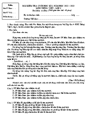 Bài kiểm tra cuối học kì I môn Tiếng Việt Lớp 3 - Năm học 2022-2023 - Trường Tiểu học Mỹ Lộc (Có đáp án)