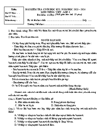 Bài kiểm tra cuối học kì I môn Tiếng Việt Lớp 3 - Năm học 2023-2024 (Có đáp án)