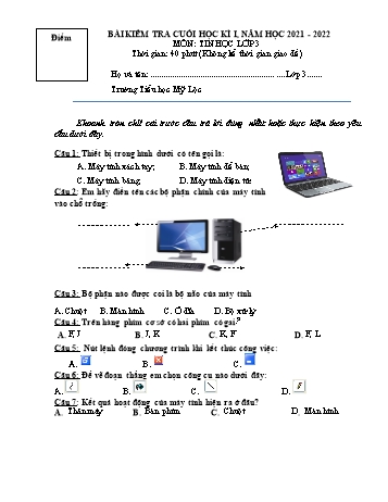 Bài kiểm tra cuối học kì I môn Tin học Lớp 3 - Năm học 2021-2022 - Trường Tiểu học Mỹ Lộc (Có đáp án)