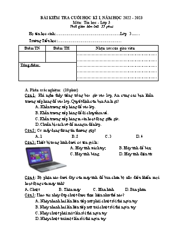 Bài kiểm tra cuối học kì I môn Tin học Lớp 3 - Năm học 2022-2023 - Trường Tiểu học Mỹ Lộc (Có đáp án)