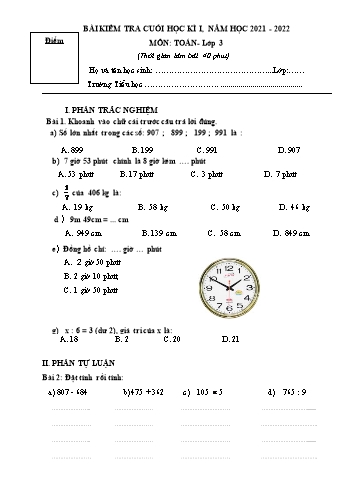 Bài kiểm tra cuối học kì I môn Toán Lớp 3 - Năm học 2021-2022 - Trường Tiểu học Mỹ Lộc (Có đáp án)