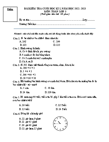 Bài kiểm tra cuối học kì I môn Toán Lớp 3 - Năm học 2022-2023 - Trường Tiểu học Mỹ Lộc (Có đáp án)