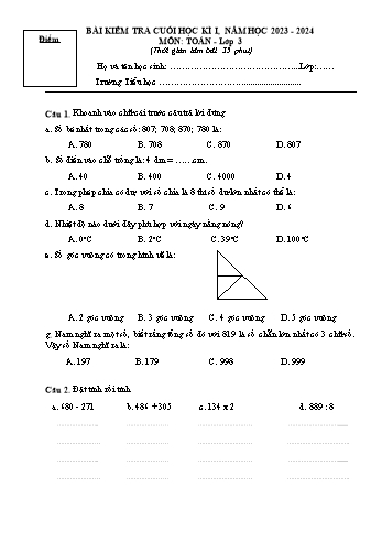 Bài kiểm tra cuối học kì I môn Toán Lớp 3 - Năm học 2023-2024