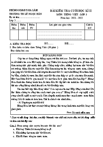 Bài kiểm tra cuối học kì II môn Tiếng Việt Lớp 3 - Năm học 2021-2022 - Trường Tiểu học Lê Ngọc Hân (Có đáp án)