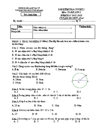 Bài kiểm tra cuối kì I môn Toán Lớp 3 - Năm học 2022-2023 - Trường Tiểu học TTNC Bò và Đồng Cỏ Ba Vì (Có đáp án)