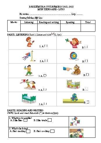Bài kiểm tra cuối năm môn Tiếng Anh Lớp 3 - Năm học 2021-2022 - Trường Tiểu học Mỹ Lộc