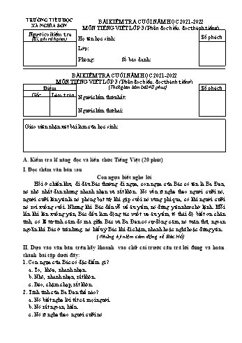 Bài kiểm tra cuối năm môn Tiếng Việt Lớp 3 - Năm học 2021-2022 - Trường Tiểu học Nghĩa Sơn (Có đáp án)