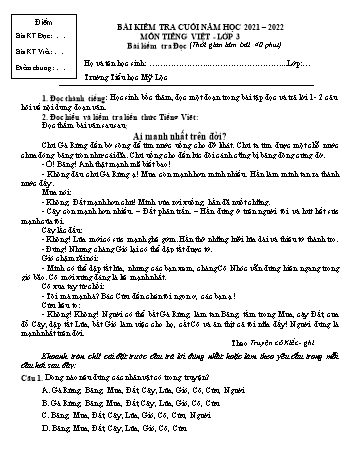 Bài kiểm tra cuối năm môn Tiếng Việt Lớp 3 - Năm học 2021-2022 - Trường Tiểu học Mỹ Lộc (Có đáp án)