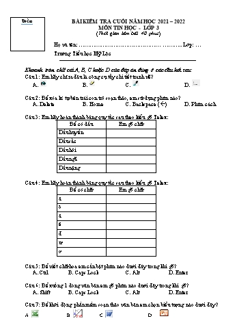 Bài kiểm tra cuối năm môn Tin học Lớp 3 - Năm học 2021-2022 - Trường Tiểu học Mỹ Lộc