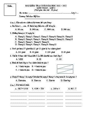 Bài kiểm tra cuối năm môn Toán Lớp 3 - Năm học 2021-2022 - Trường Tiểu học Mỹ Lộc (Có đáp án)