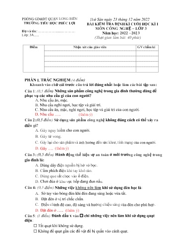 Bài kiểm tra định kì cuối học kì I môn Công nghệ Lớp 3 - Năm học 2022-2023 - Trường Tiểu học Phúc Lợi