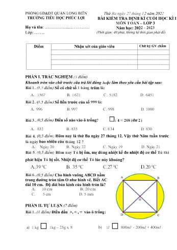 Bài kiểm tra định kì cuối học kì I môn Toán Lớp 3 - Năm học 2022-2023 - Trường Tiểu học Phúc Lợi