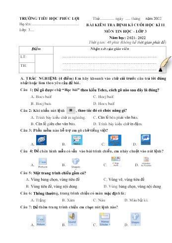 Bài kiểm tra định kì cuối học kì II môn Tin học Lớp 3 - Năm học 2021-2022 - Trường Tiểu học Phúc Lợi