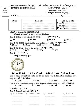 Bài kiểm tra định kỳ cuối học kì II môn Toán Lớp 3 - Năm học 2023-2024 - Trường Tiểu học Hồng Châu