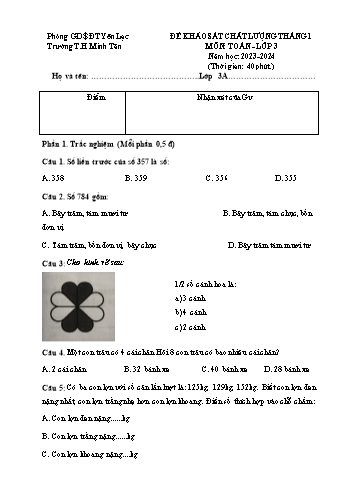 Đề khảo sát chất lượng tháng 1 môn Toán Lớp 3 - Năm học 2023-2024 - Trường Tiểu học Minh Tân