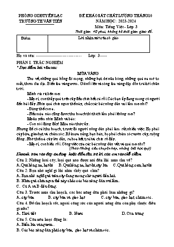 Đề khảo sát chất lượng tháng 10 môn Tiếng Việt Lớp 3 - Năm học 2023-2024 - Trường Tiểu học Văn Tiến (Có đáp án)