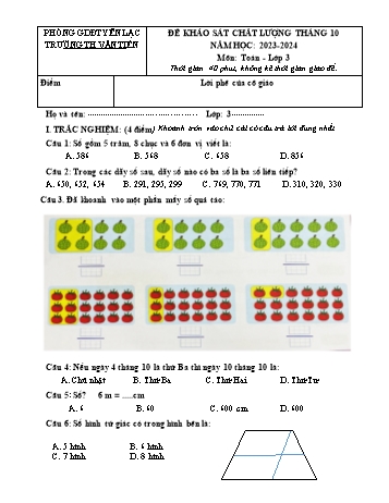 Đề khảo sát chất lượng tháng 10 môn Toán Lớp 3 - Năm học 2023-2024 - Trường Tiểu học Văn Tiến (Có đáp án)