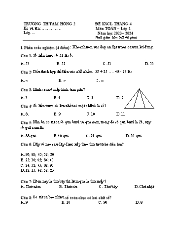 Đề khảo sát chất lượng tháng 4 môn Toán Lớp 1 - Năm học 2023-2024 - Trường Tiểu học Tam Hồng 2