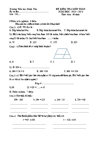 Đề khảo sát tháng 12 lần 1 môn Toán, Tiếng Việt Lớp 3 - Năm học 2023-2024 - Trường Tiểu học Minh Tân