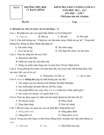 Đề kiểm tra chất lượng cuối kì I môn Tin học Lớp 3 - Năm học 2022-2023 - Trường Tiểu học Rạng Đông (Có đáp án)