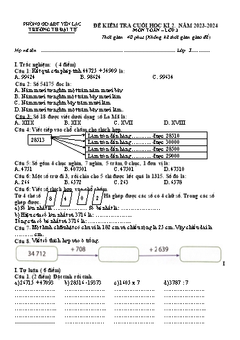 Đề kiểm tra cuối học kì 2 môn Toán Lớp 3 - Năm học 2023-2024 - Trường Tiểu học Đại Tự