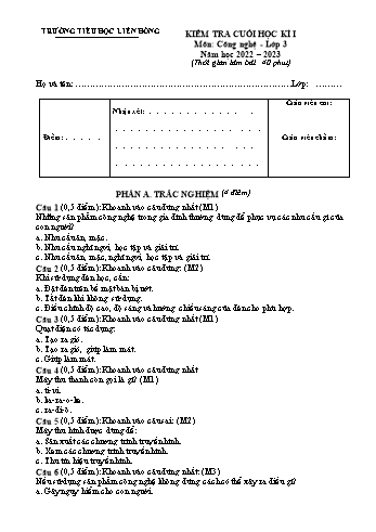 Đề kiểm tra cuối học kì I môn Công nghệ Lớp 3 - Năm học 2022-2023 - Trường Tiểu học Liên Hồng - Đề 1 (Có đáp án)